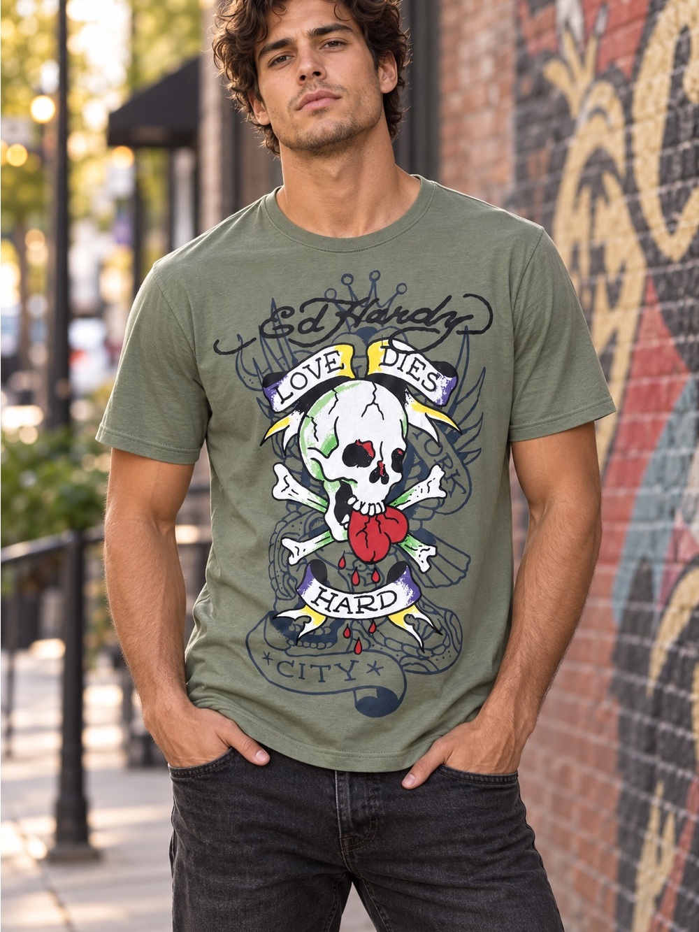 Ed Hardy Love Dies Hard skull graphic T-shirt – size L